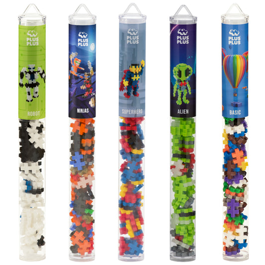 Five Plus-Plus tubes in a row with space, robot and hot air balloon labels