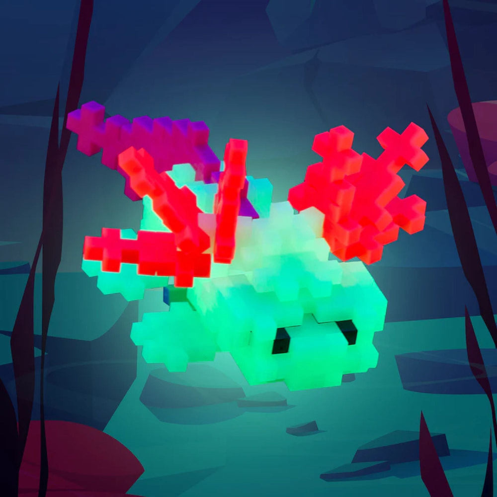 A 3D, Glow in the Dark Axolotl made with Plus-Plus blocks