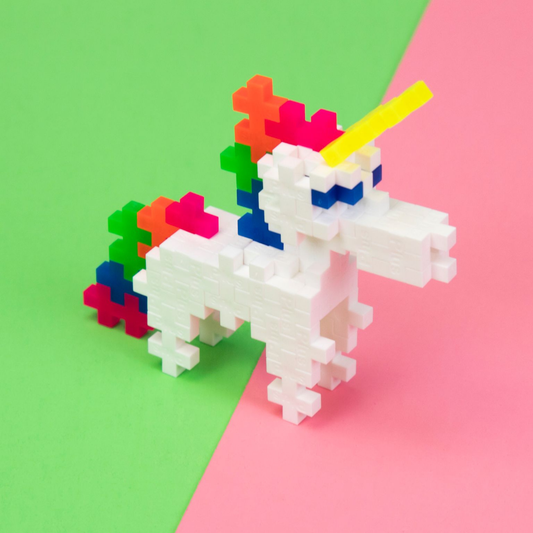 A 3D unicorn made with Plus-Plus blocks