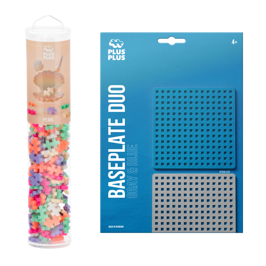 Baseplate Duo and 240 pc Tube - Pearl: Pearl tube beside a gray and blue Baseplate Duo