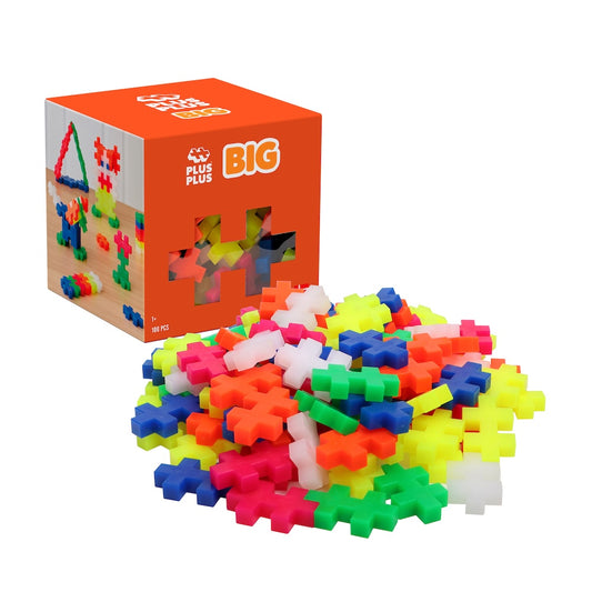 Plus-Plus BIG 100 pc Neon Mix box with a pile of neon BIG pieces