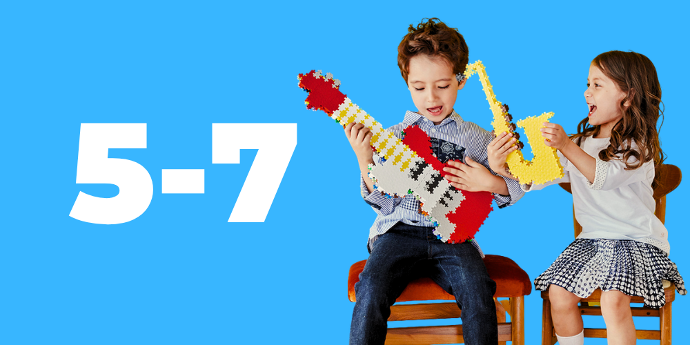 Ages 5-7: boy and girl playing Plus-Plus guitar and saxophone builds on a blue background