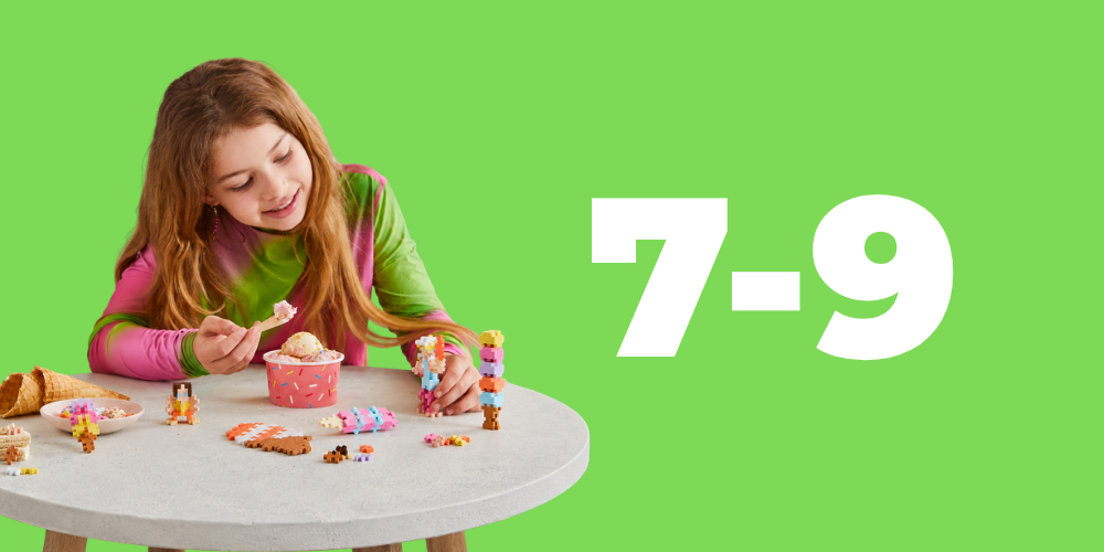 Ages 7-9: girl building Plus-Plus ice cream treats at a table on a green background
