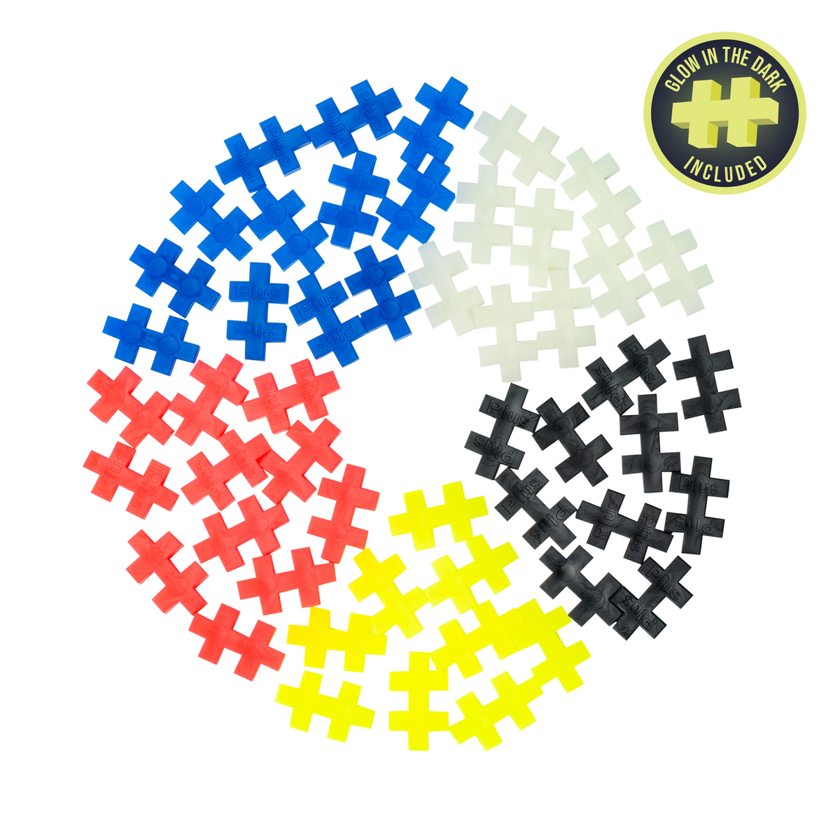 70 pc Glow tube pieces arranged in a circle of blue, red, yellow, black and glow