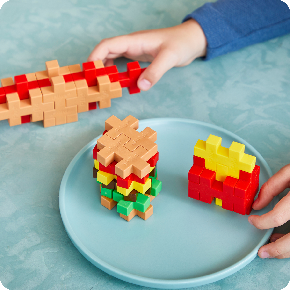 Built with just one shape: BIG Plus-Plus hot dog, burger and fries builds on a plate
