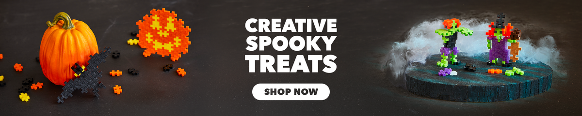 Halloween banner: pumpkin and monster builds with text "Creative Spooky Treats" and Shop Now
